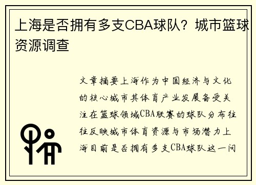 上海是否拥有多支CBA球队？城市篮球资源调查