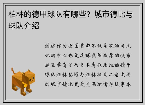 柏林的德甲球队有哪些？城市德比与球队介绍